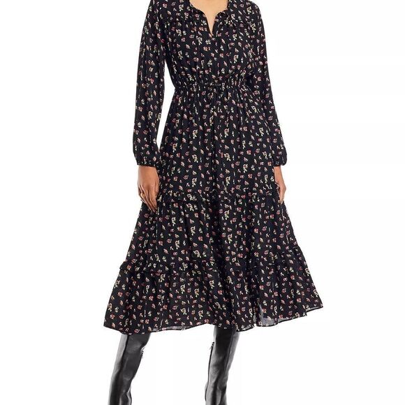 T Tahari Notch Neck Tiered Midi Long Sleeved Women’s Floral Dress Size Large - Picture 4 of 6